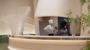 A man cooks on a grill in a kitchen with two potted plants and a bowl nearby