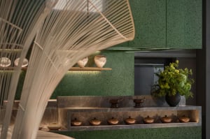 A modern kitchen with green walls and countertops, featuring variously sized bowls and a potted plant, emphasizing functionality and organization