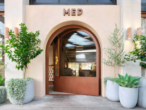 Spacious entrance with a brown door, natural light from a large window, and two potted plants on either side, with three chairs placed in different areas within the room