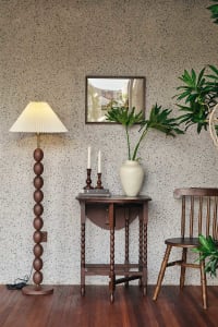 Cozy living area with a wooden chair, table, potted plants, and a mirror, creating a warm and inviting atmosphere