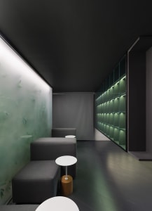 Dimly lit room with two couches, three chairs, and a black ceiling and walls