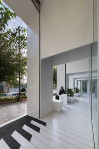 A calm and inviting indoor space with a large glass wall, two benches, a potted plant, and natural light
