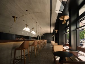 Modern restaurant interior with a long bar area, wood and metal walls, and warm lighting