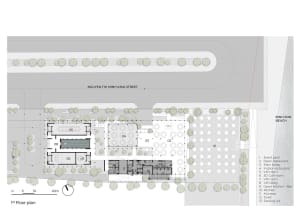 Architectural rendering of a modern building with a street view, surrounded by trees and potted plants, creating a tranquil ambiance