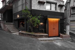 Modern house with a brick and wood exterior, featuring a black door with a glass window above and two windows on either side, set against a clean and minimalistic background