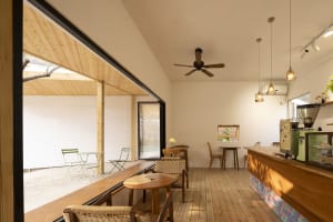 Modern restaurant interior with a bar area, dining space, potted plants, wood flooring, and white walls