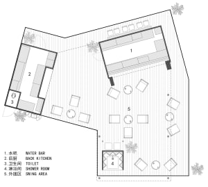 Black and white floor plan of a restaurant with designated areas for kitchen, dining, and back kitchen, showcasing a clean and elegant design