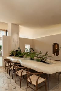 A modern restaurant interior with a long dining table, potted plants, and vases, creating a welcoming atmosphere