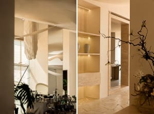 Elegant hotel lobby with potted plants, chairs, dining tables, and decorative items, set against a neutral background