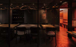 Formal dining area with multiple tables and chairs, modern design, overhead lighting, and a warm ambiance