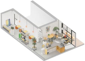 A modern office space with seating areas, potted plants, and decorative vases, featuring a clock on the wall and a well-planned layout