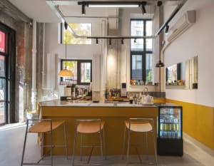 Bright and inviting open kitchen with a countertop bar, two sinks, and various items on the counter