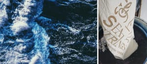 A serene ocean scene with dark blue waters and white caps, featuring a closeup of waves breaking and crashing against each other