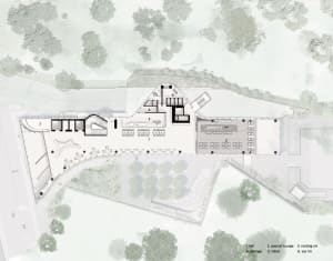 Architectural rendering of a modern building with multiple rooms, hallways, and open spaces