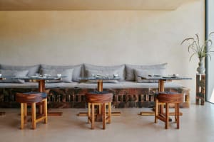 A living area with a large couch and several chairs around dining tables, creating a comfortable and inviting atmosphere for socializing and dining