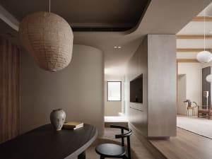 A modern living room with a large window, two chairs, a dining table, and a vase, set in a contemporary and stylish interior