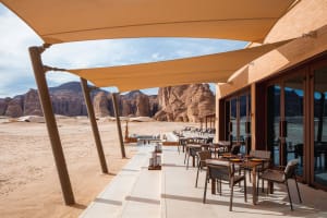 An outdoor dining area with multiple tables and chairs, set with place settings and utensils, in a relaxed atmosphere
