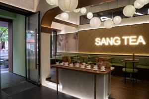 Inviting restaurant interior with a bar, tables, chairs, potted plants, and hanging lights