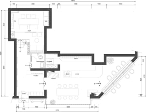 2D floor plan of a modern hotel with dining area, kitchen, and multiple bedrooms, featuring linework, labels, and measurements