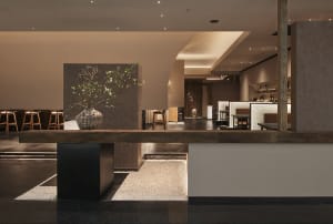 Inviting cafe with a bar area, dining tables, chairs, and potted plants, creating a comfortable atmosphere for socializing and dining