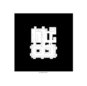Black and white floor plan of a traditional house with various rooms and spaces, featuring wood construction and natural light