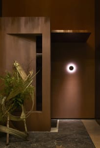 Warm and inviting interior space with a brown wall, potted plants, and a vase, featuring earthy tones and natural elements