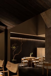 A well-lit restaurant dining area with wooden tables and chairs, vases, and potted plants, creating a cozy atmosphere