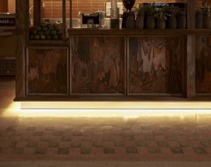 Cozy restaurant interior with wooden floors and walls, featuring a counter, sink, and refrigerator, with potted plants and various cups and bottles