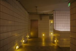 Dimly lit hallway with brick walls, metal door, and industrial lighting