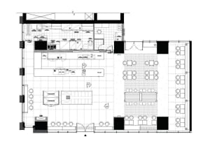 A modern floor plan of a large interior space with multiple dining tables and chairs, clean lines, and minimal decoration