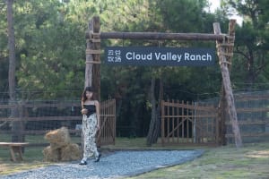 A woman walks through a traditional wooden gate with a distinctive design, set in a peaceful and serene environment