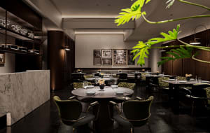 A spacious restaurant dining area with wooden tables, chairs, and potted plants, set for guests with wine glasses and a warm atmosphere
