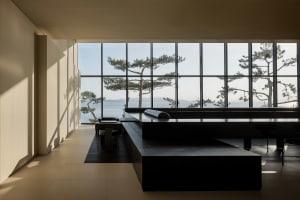 Open living area with a black countertop, dining table, chairs, and a potted plant, surrounded by multiple windows allowing natural light to enter