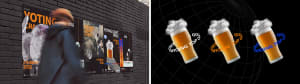 A bar area with a black brick wall featuring a beer advertisement and a glass of beer in front of a cloudy sky