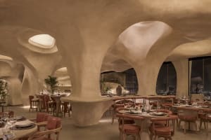 Modern restaurant interior with curved walls, potted plants, and a large dining area with multiple tables and chairs