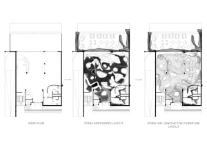 Black and white floor plan of a large commercial space with a mix of concrete, wood, and metal materials