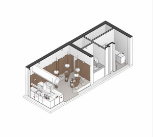 Small kitchen with wooden floors and walls, featuring two sinks and seating areas, creating a warm and inviting space for cooking and socializing
