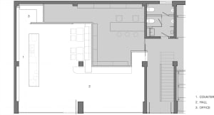 2D floor plan of a modern restaurant with various seating arrangements, including chairs and dining tables, with linework, labels, and measurements