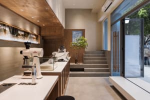 Cozy modern cafe with wooden floors and walls, tables, chairs, and potted plants