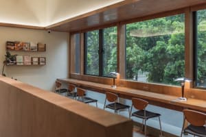 Cozy restaurant interior with wooden floors and walls, large windows, and natural light