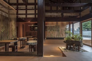Modern dining space with wooden walls, tables, chairs, and potted plants, creating a warm and inviting atmosphere