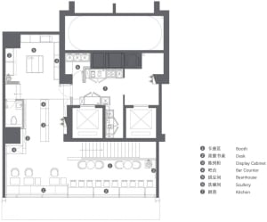 Commercial space with multiple rooms and modern design elements, including dining tables and chairs, in a top-down layout