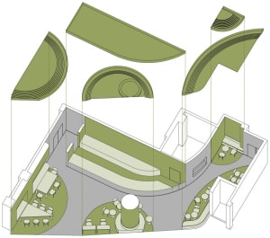 2D floor plan of a home interior with dining area, multiple chairs, and benches, featuring a cozy atmosphere