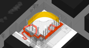 A dimly lit modern art gallery with a large circular structure and yellow sun at its center, surrounded by columns and chairs for seating