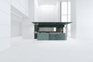 Empty modern restaurant with a large counter, dining table, and chairs, featuring white walls and well-planned lighting