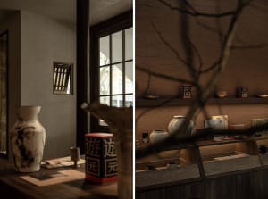 A cozy living area with a dining table, chairs, vases, bowls, books, cups, bottles, potted plants, and a clock on the wall