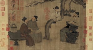 A serene oriental courtyard scene with people standing and sitting in a peaceful atmosphere