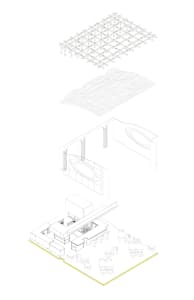 A modern architectural drawing of a white building with a large dome and smaller circles scattered throughout its interior