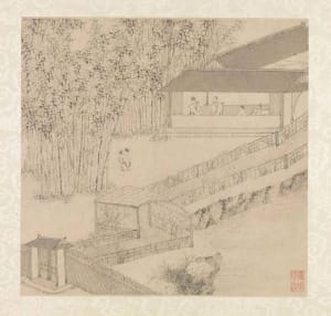 Serene Asian-style building with a wooden structure, thatched roof, and a covered bridge over water, surrounded by people in a peaceful atmosphere