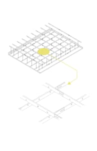 A minimalist architectural drawing of an open space with a yellow circle in the center, featuring textual information and a functional style